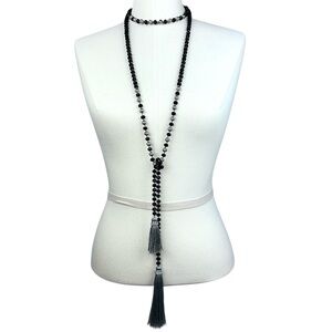 Elegant Opera Rope Necklace, Black and Silver-tone Beads with Gray Tassels.